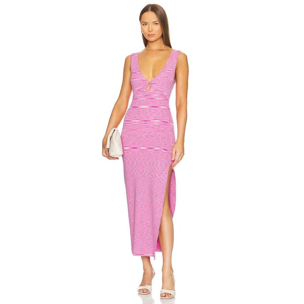 L*Space Pink Space Dye Twist Front Ribbed Knit Maxi Dress Medium Slit V-Neck